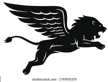 Silhouette of Winged Lion Jumping Up