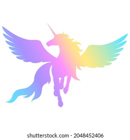 Silhouette of a winged unicorn. Silhouette of a rainbow isolated on a white background. Element for creating a design.