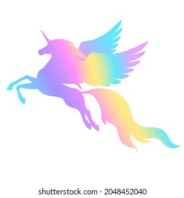 Silhouette of a winged unicorn. Silhouette of a rainbow and a sparkling star isolated on a white background. Element for creating a design.