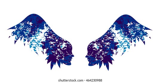 The silhouette of the wings from female faces. Wings with a beautiful texture, a decorative element may serve as decorations for the wedding card, banner beauty salon or an original print for clothes