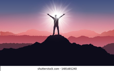 Silhouette of a winner on mountain peak. Active life concept. Man silhouette on sunrise - stock vector