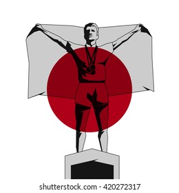 Silhouette winner on the podium with flag Japan