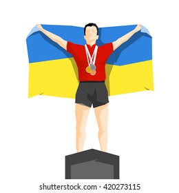 Silhouette winner on the podium with flag Ukraine