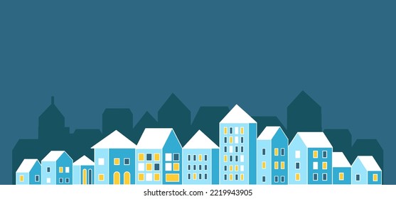 Silhouette of the winter Christmas New Year flat downtown town with houses, windows and roofs covered with snow. 3D illustration.