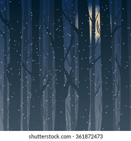 Silhouette of a winter forest at night, moonlight trees in the background. Background for greeting card and invitations.