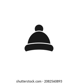 Silhouette winter hat with pompon. Black skier  bobble hat isolated on white. Vector flat illustration.