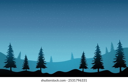 Silhouette winter horizontal scenery and pine tree background illustration, night sky with rain snow vector 