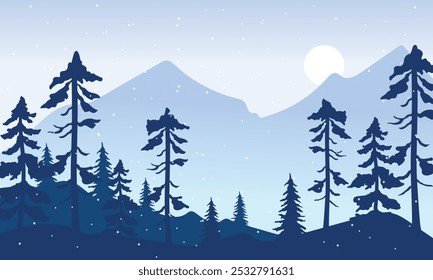 silhouette winter landscape background vector, snow background hills and trees