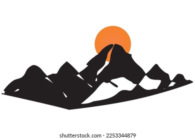 Silhouette of winter landscape snowy mountains and big sun. Adventure winter travel sports concept isolated on white background. Vector illustration of snowy mountains in firs snow.