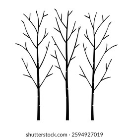 Silhouette of winter Three Bare Trees on a Clean White Background, Depicting Minimalist Natural Art