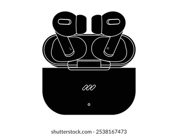 Silhouette of wireless headphones with charging case vector flat design isolated on white background