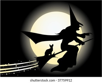 A Silhouette witch against full moon