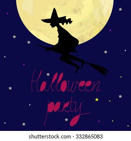 Silhouette of the witch against the moon and the starry sky.