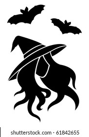 Silhouette of a witch and bats.