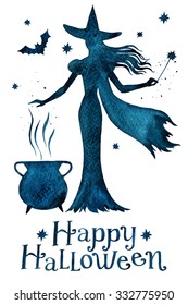 Silhouette of witch with bot, watercolor hand paint vector illustration