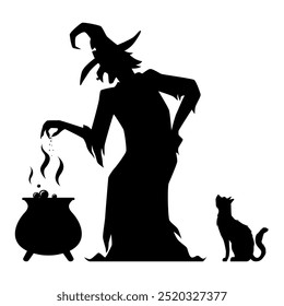 Silhouette of a witch brewing a potion in a bubbling cauldron with a cat sitting next to her. Design perfect for illustrating magic and mysticism, as well as Halloween decor.