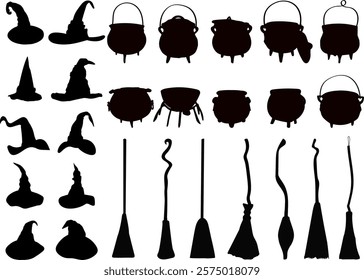 silhouette witch broom, witch cauldron, witch hat collection, vector