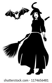 Silhouette. Witch with broom and flying bat isolated on white background. Template. Stencil. Simpe Illustration. Window art. Perfect for Halloween.