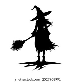  Silhouette of a witch with a broom isolated on white background