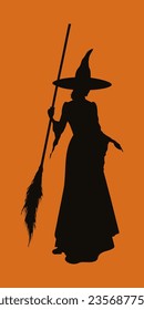 Silhouette of a witch with a broom on a orange background