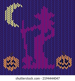 Silhouette of a witch with a broom and pumpkins on a knitted background.Knitted Halloween