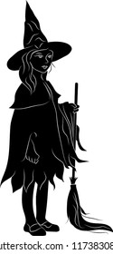Silhouette of a witch with a broomstick. Vector illustration