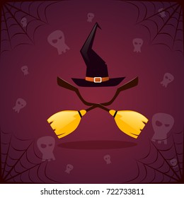 Silhouette Witch Broomstirck And Hat Happy Halloween Banner Holiday Decoration Horror Party Greeting Card Flat Vector Illustration