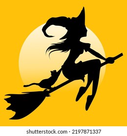 silhouette of Witch and cat flying on broom in moonlight. logo vector illustration