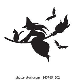 Silhouette Of Witch & Cat On Broom With Flying Bats