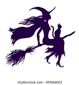 Silhouette of witch with cat on broom with moon and stars,  vector illustration isolated on white background.