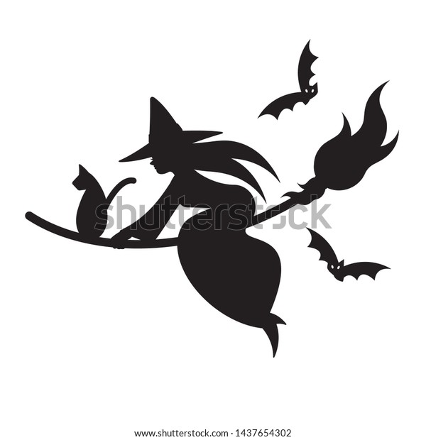 Silhouette Witch Cat On Broom Flying Stock Vector Royalty Free 1437654302