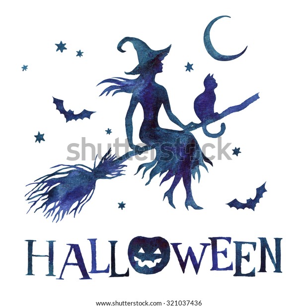 月と星のあるほうきの上に魔女と猫のシルエット 水彩手描きのベクターイラスト のベクター画像素材 ロイヤリティフリー