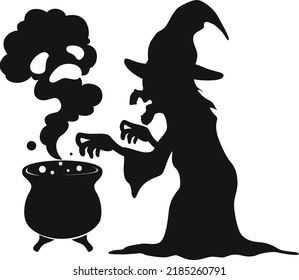 Silhouette of witch cooking magic potion in cauldron