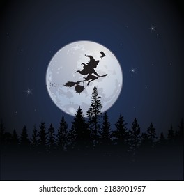 Silhouette of a witch a crow flying on a broomstick across a  realistic full moon Halloween.