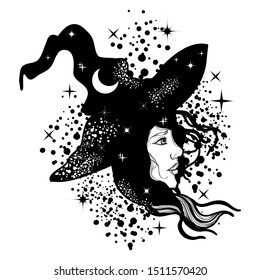 Silhouette of a witch with face in profile and hat. Tattoo art style, Halloween concept.