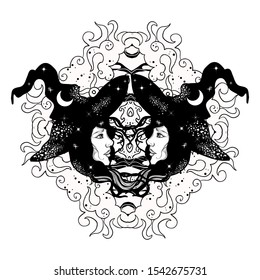 Silhouette of a witch with face in profile and hat. Tattoo art style, Halloween concept.