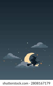 The silhouette witch flew on broomstick past the crescent moon with night sky background vertical template graphic illustration have blank space.