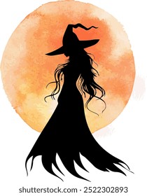 Silhouette of a Witch With Flowing Hair and a Pointed Hat, Standing Before a Glowing Orange Moon. Perfect for Halloween, Mystical, or Fantasy-themed Designs and Decorations.