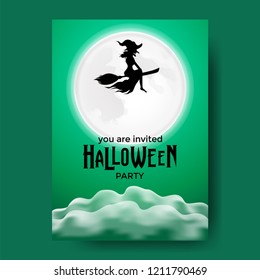 Silhouette Witch flying with broom for Halloween event poster template