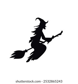 silhouette of a witch flying with a broom and a scary hat. Flat character illustration for halloween	