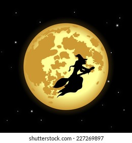 silhouette of the witch flying in front of the moon.vector