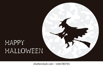 Silhouette of witch flying in her broom in front of the full moon on Halloween.