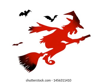 The silhouette of a witch flying on a broom. Happy Halloween. Vector illustration