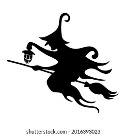 Silhouette of a witch flying on a broom. Halloween night vector illustration.
