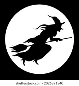 Silhouette of a witch flying on a broom on the full moon background. Halloween vector clipart isolated on white