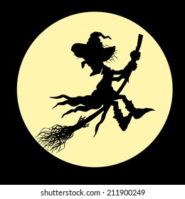 Silhouette of a witch flying on a broom. Hag on a moon background.