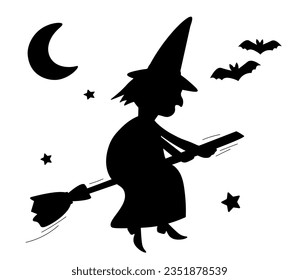 Silhouette of a witch flying on a broom at night against the background of the moon, stars, bats. Vector graphics.