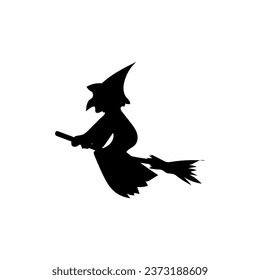 Silhouette of witch flying on broom against white background