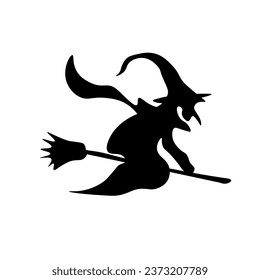 Silhouette of witch flying on broom against white background