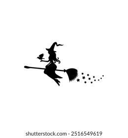 Silhouette of witch flying on broom with stars. Vector icon design.